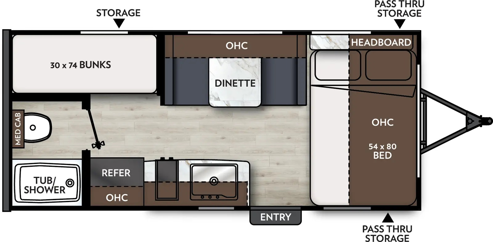 The Apex Nano 185BH floorplan has one entry and zero slide outs. Exterior features include: fiberglass exterior and 12' awning. Interiors features include: bunk beds and front bedroom.